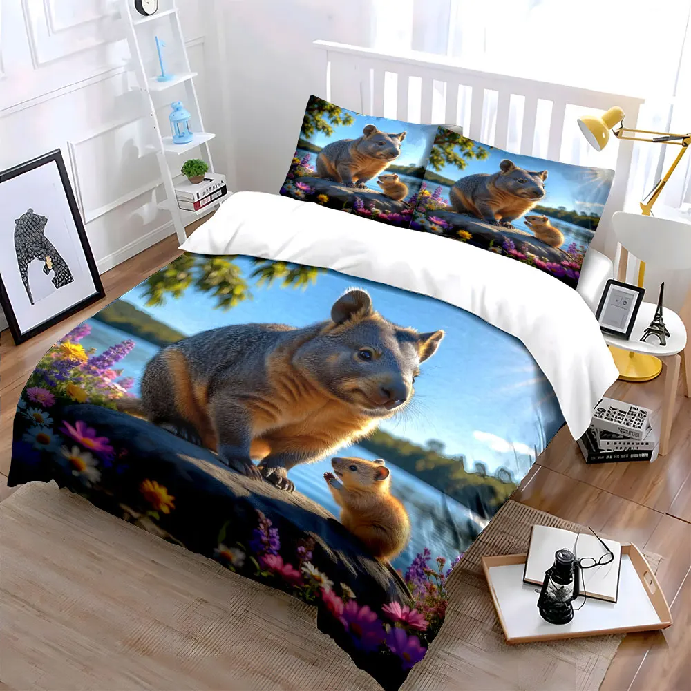 3Pcs Quokka Mom and Baby Lakeside Floral Duvet Cover Set, Wildflower Nature Bedding Single Double King Queen, Gift