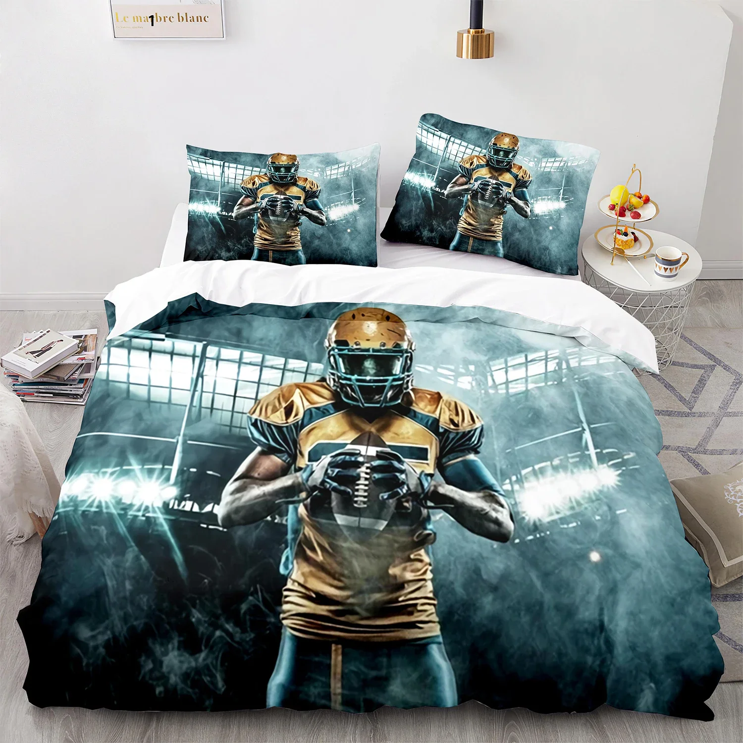 American Football King Queen Duvet Cover Rugby Player Pattern Bedding Set for Kids Teens Adults Ball Sport Polyester Quilt Cover