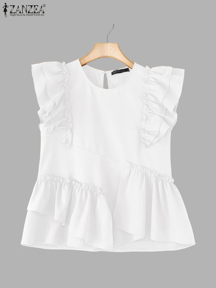 ZANZEA Moda Ruffles Top Camicetta da donna Casual Allentato Tunica asimmetrica 2025 Estate O Collo Pullover senza maniche Solid Blusas