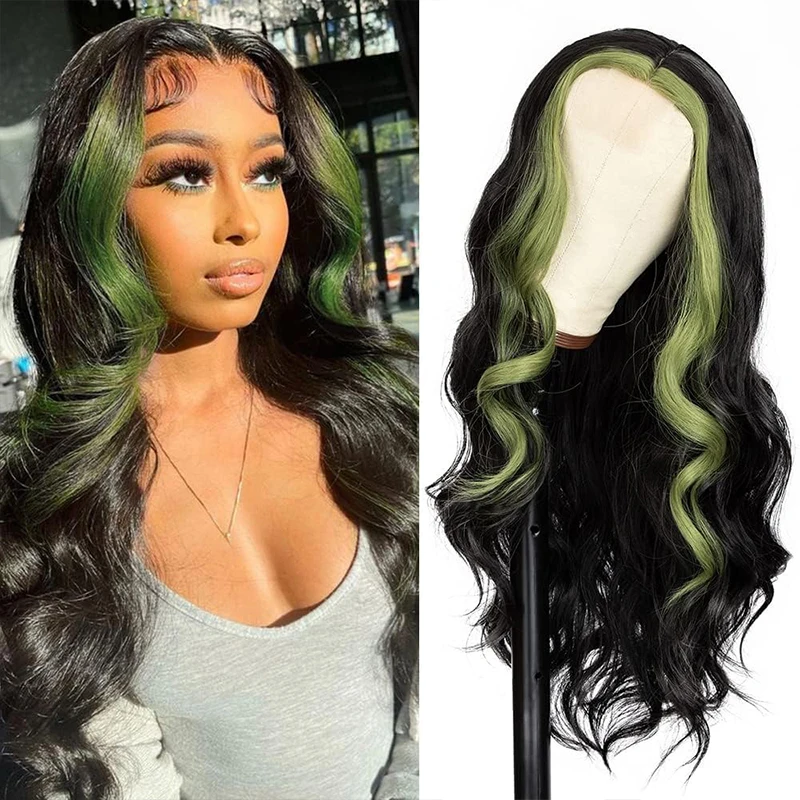 28 inch High Gloss Green Wavy Lace Front Wig, Middle Parted Wavy Synthetic Wig Lace Front Wig