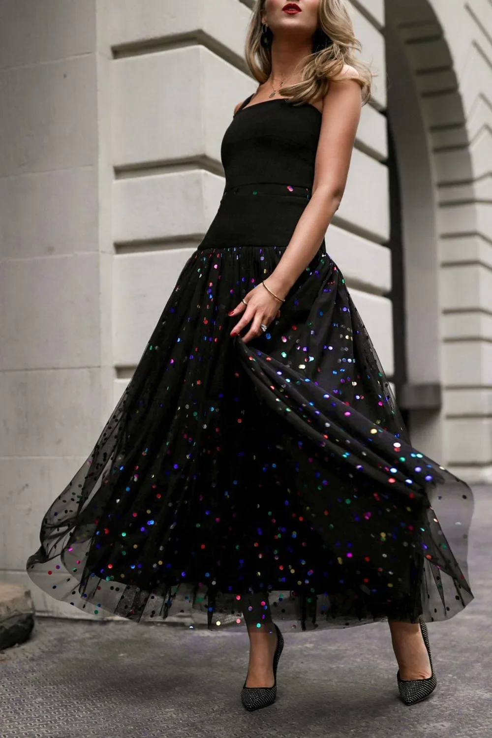 Sequin Mesh Skirt Plus Size Pleated High Street Elegant Wedding Guest Sweet Skirts Tulle Party Sexy Club High Waist Long Skirt