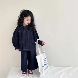 Girls Set Denim Long Sleeved Round Neck Jacket Loose Wide Leg Pants Two-piece Set 2024 Autumn and Winter New Children Clothes