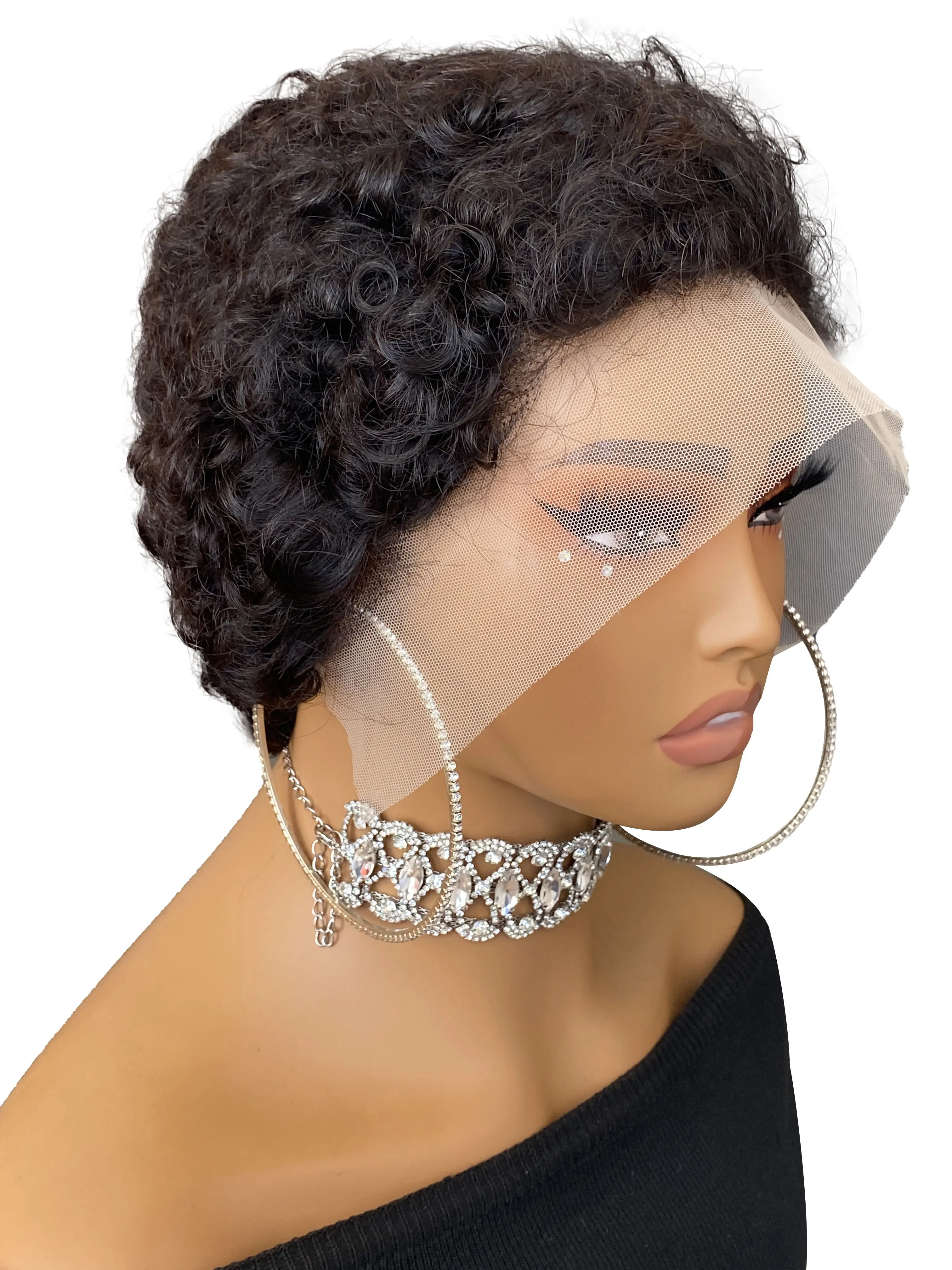 วิกผมบ๊อบสั้นทรงพิกซี่ ทำจากผมแท้  แบบลูกไม้ 13*4  ทรงแอฟโฟรหยิกฟูแบบบราซิล สำหรับผู้หญิง