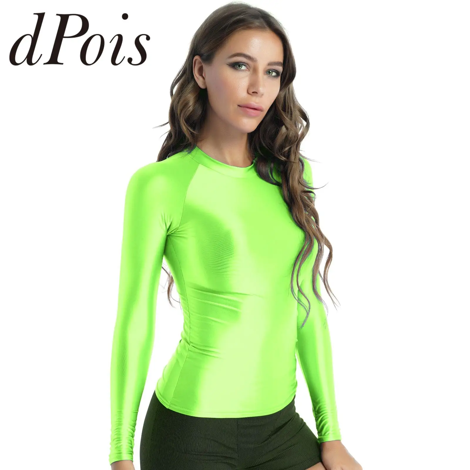 Women Metallic T-shirts Sportwear Shiny Long Sleeve Tights Slim Tee Glossy Tops for Rave Party Dance Wear Yoga Runing TShirts