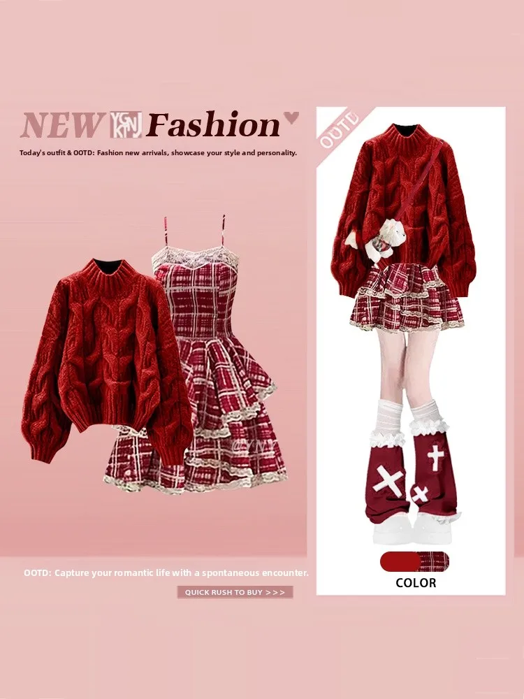 

Red New Year Sweater And Plaid Skirt Set Women's Faion Winter Outfit High Ne Knitwear ter Ne Dr Ensemble
