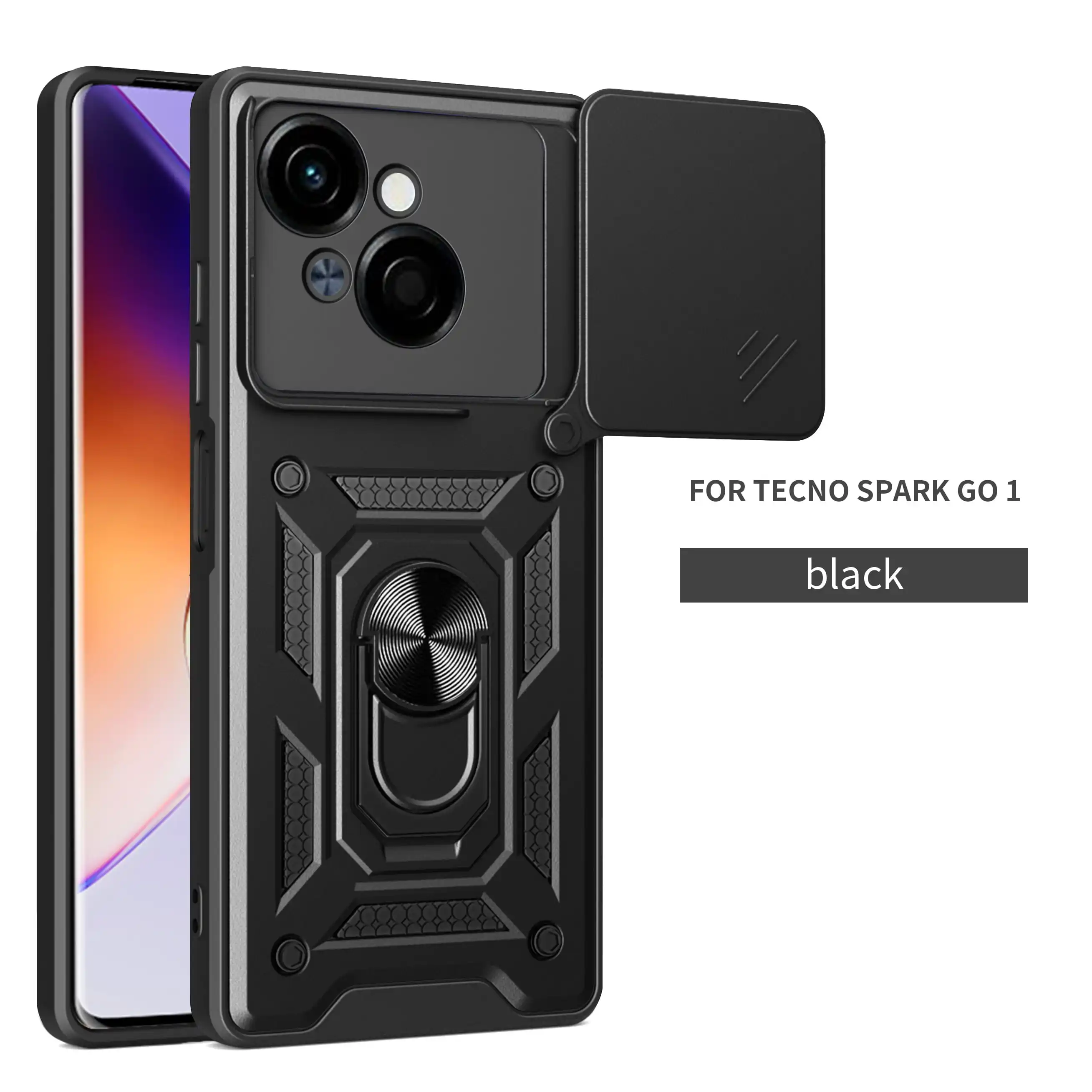 

Чехол для Tecno Spark Go 1, с скользящей крышкой объектива, вращающимся кольцом, противоударный держатель-подставка, чехол для телефона Spark 20