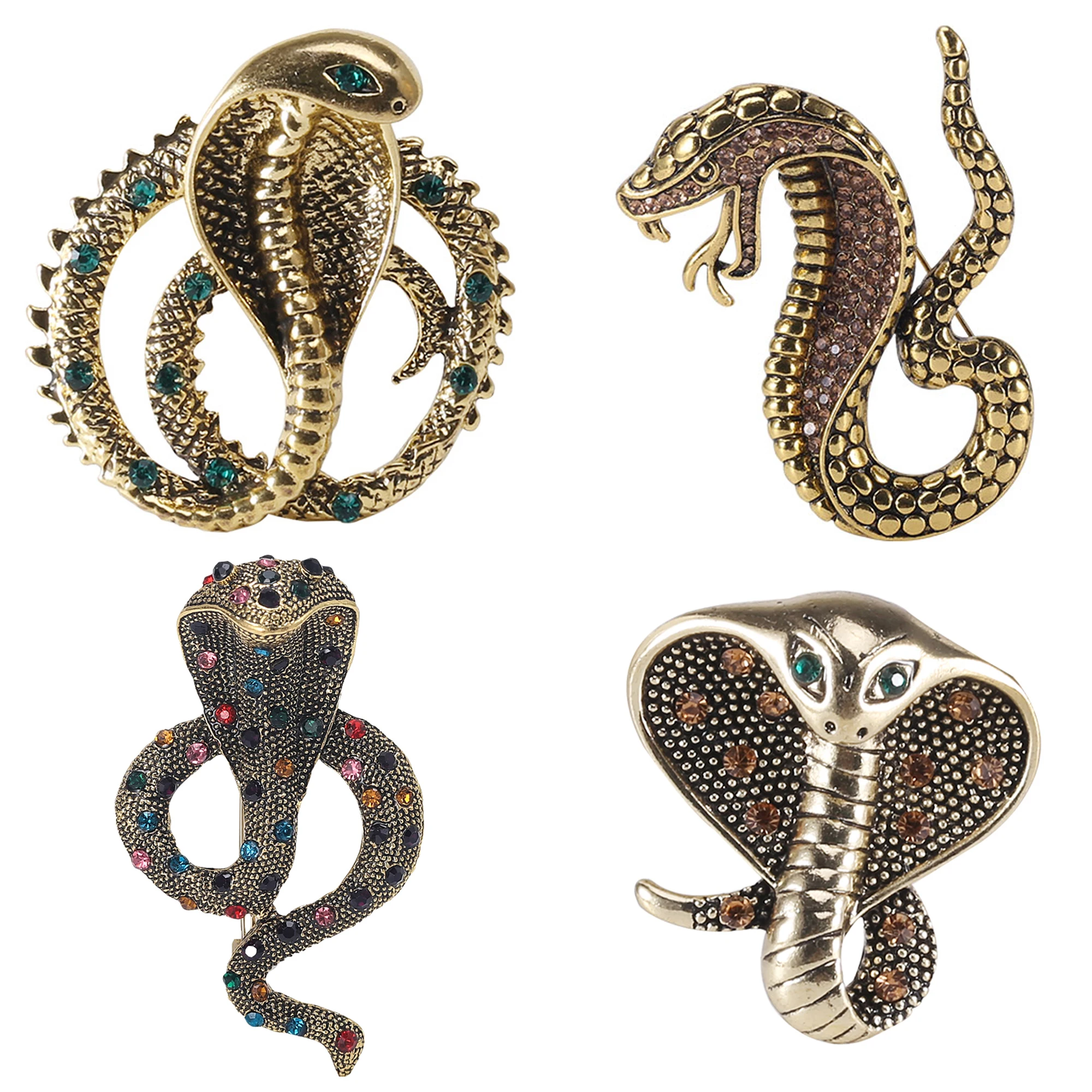 Rhinestone Cobra Brooches for Women Unisex Enamel Animal Pins Banquet Party Backpack Gifts Jewelry Accessories