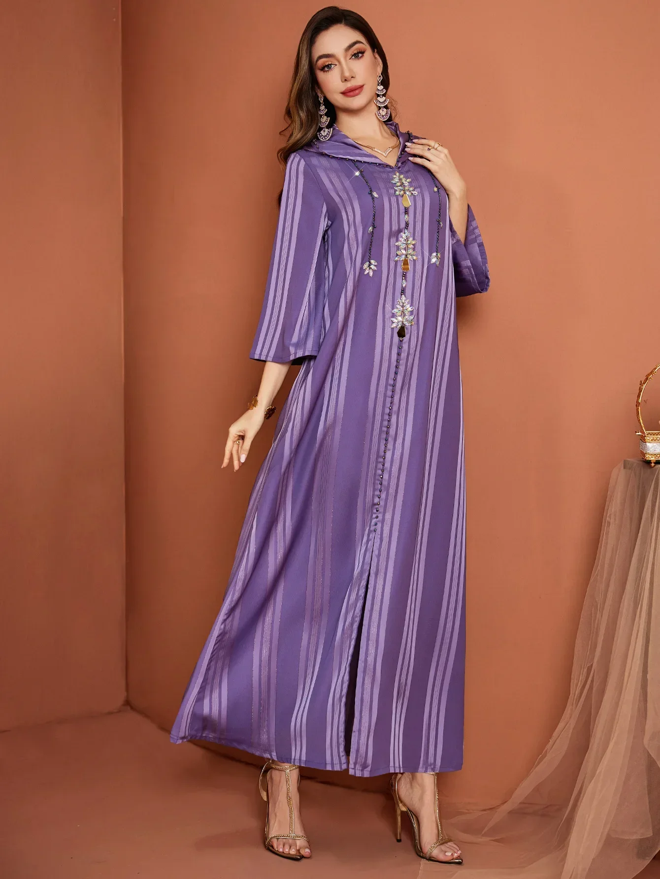 Eid Dress Women Abaya Hooded gorgeous hand-stitched Diamond Muslim Long Dresses Striped Vestidos Party Caftan Jalabiya Ramadan