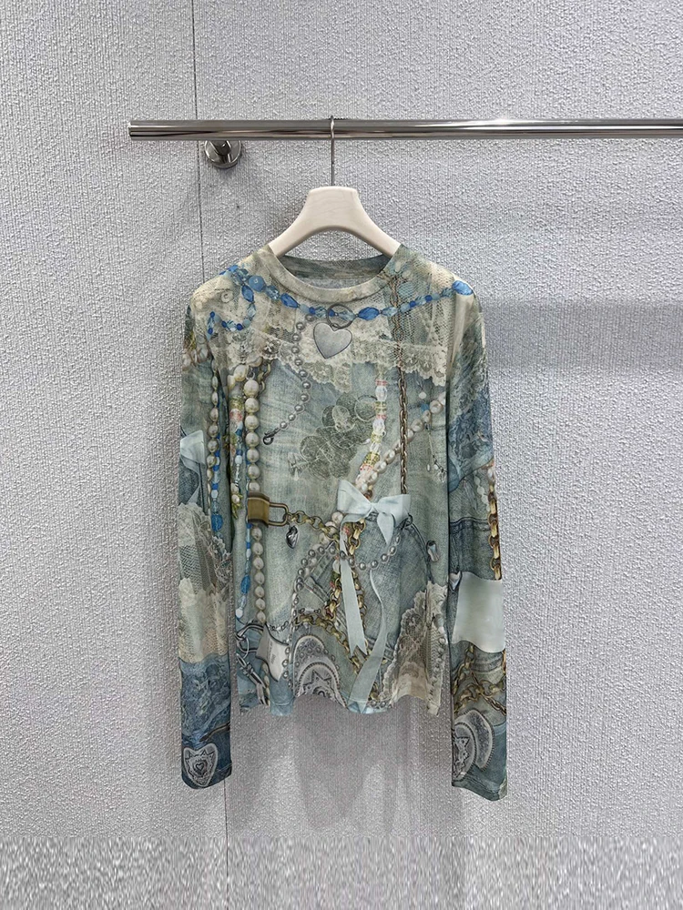 

Spenneooy Runway Designer Spring Fashion Vintage Pattern Print Casual T-Shirts Women's O-Neck Loose Long Sleeve Tops
