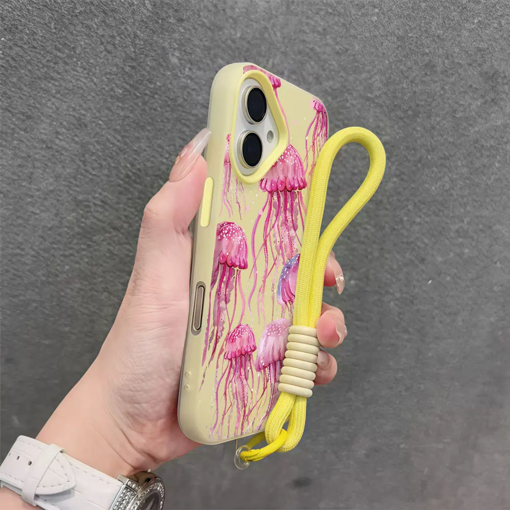 Light Pink Jellyfish INS Lanyard Phone Case For Xiaomi 17 Pro Max Mi11 Lite 5G 15T 14T Pro Wrist Strap Protection Coque Cover