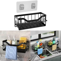 Kitchen Sink Sponge Rack, Wall Mounted Kitchen Sink Organizer With Drain Tray Kitchen Sink Storage Rack With Towel Rack Black