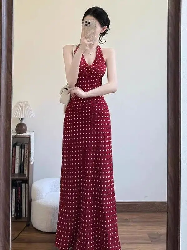 

Red Polka Dot V-Neck Hanging Neck Dress Women's Summer Design Sensation Backless Sleeveless Long Dress Korean Style High Waist