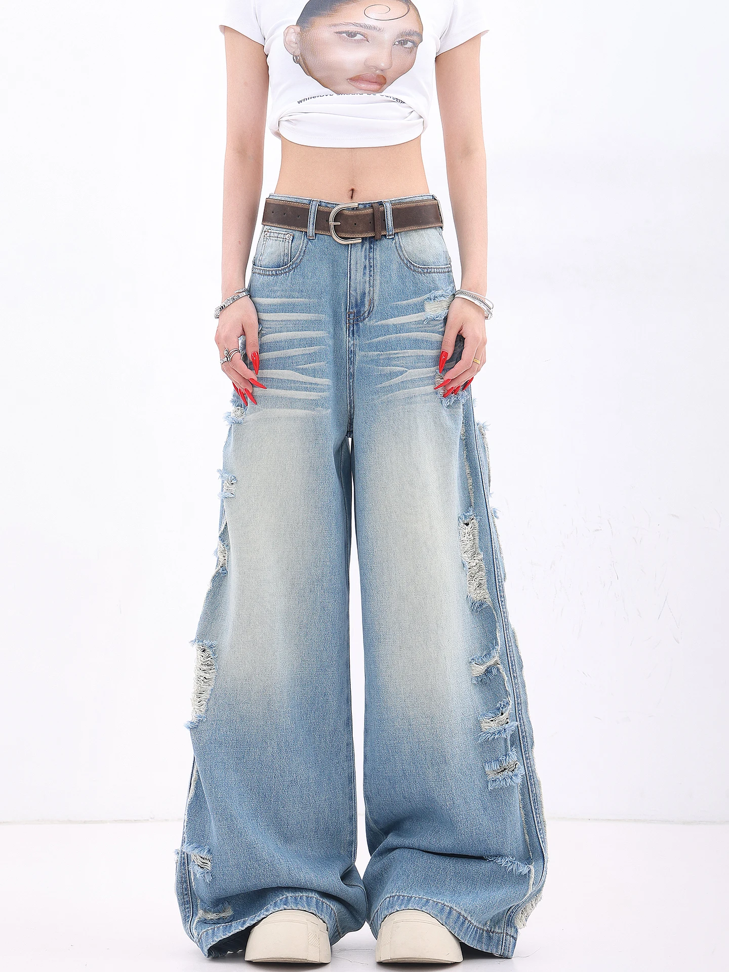

Retro American Women's Wide Leg Jeans Spring Break Hole Design Loose Floor-Length Pants Straight Cut Casual Jeans