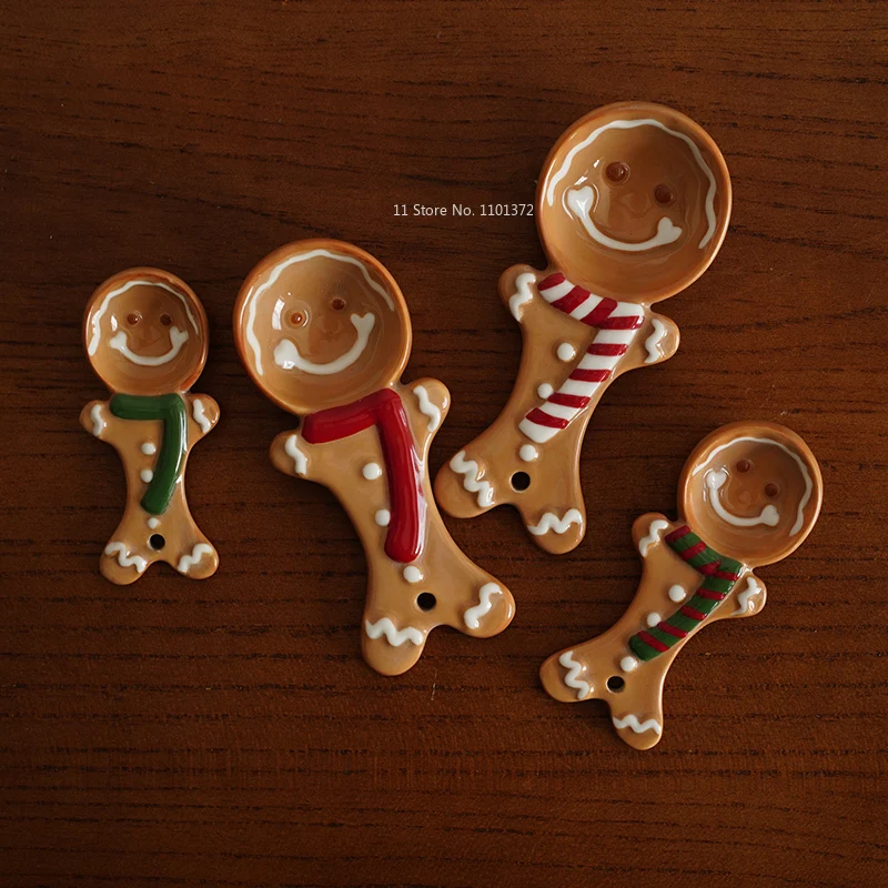 Hand Drawn Gingerbread Man Snowman Shaped Ceramic Measuring Spoon Cute and Adorable Healthy Underglaze Color Process