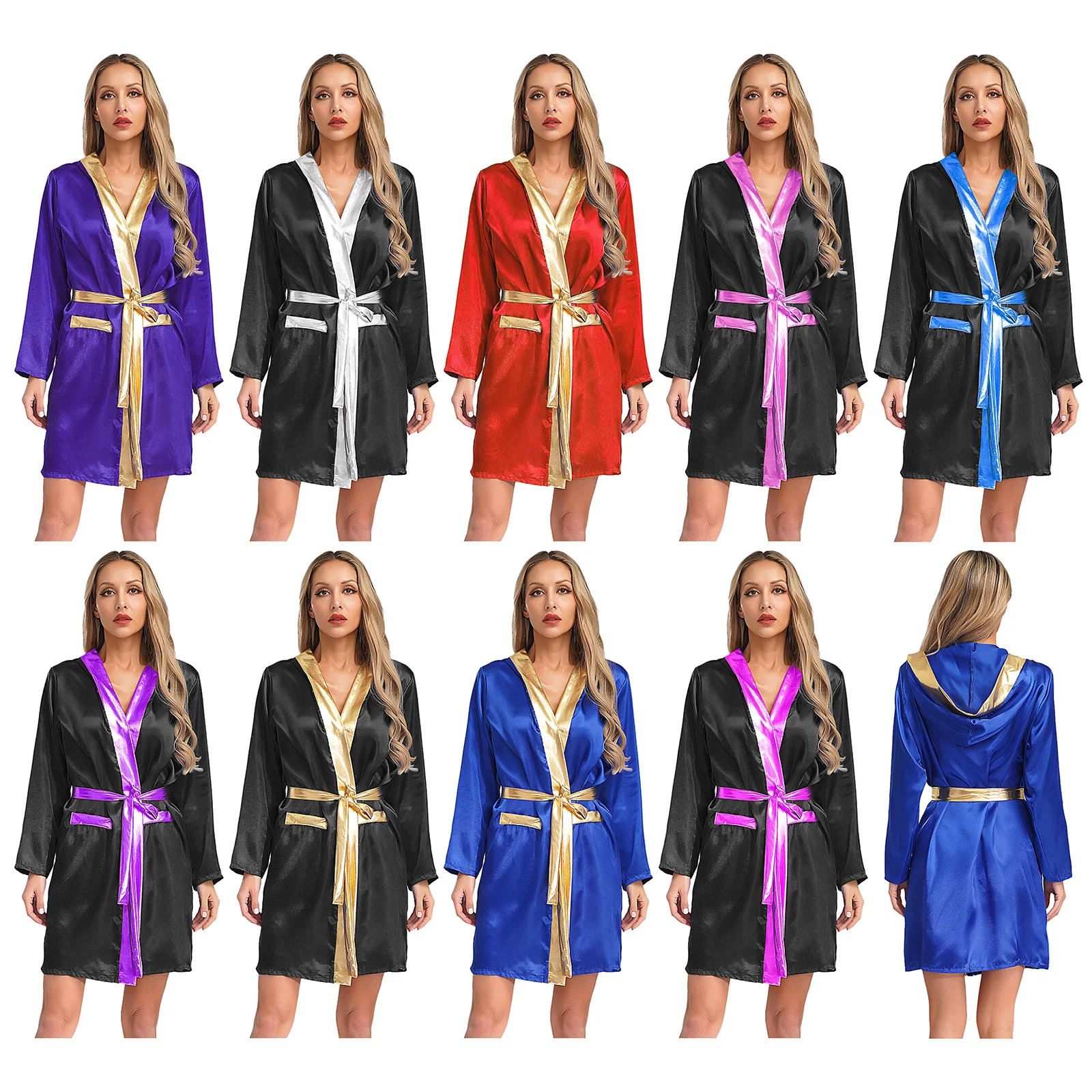 

Women Long Sleeve Satin Smooth Hooded Cloak with Belt Boxer Boxing Robes Halloween Cosplay Boxing Matches Competition Robes