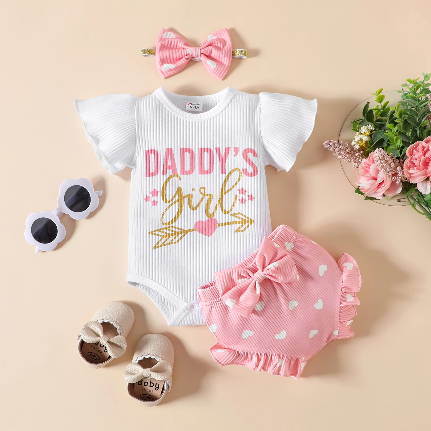 

PatPat 3pcs Baby Girl 95% Cotton Letter Print Ribbed Bodysuit and Shorts and Bow Headband Set