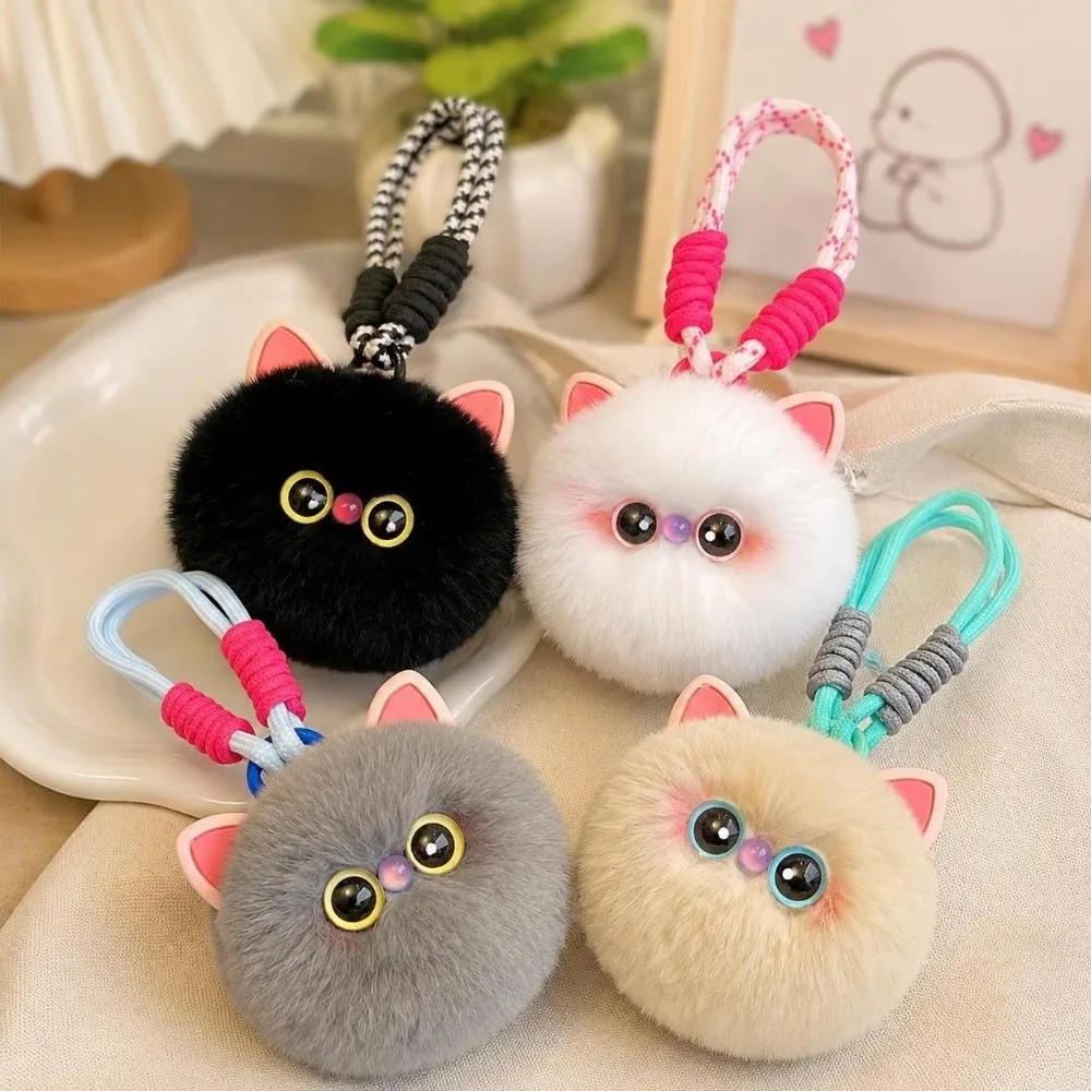 Cute Braided Hand Rope Cat Keychain Faux Rabbit Fur Kawaii Bag Charm Cartoon Lovely Cat Key Ring Gift