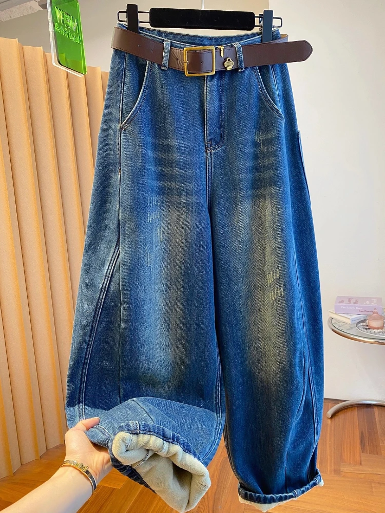Winter Velvet Jeans Women Vintage Fashion High Waist Wide Leg Pants Casual Loose Thickened Warm Large Size Denim Slacks Outwear