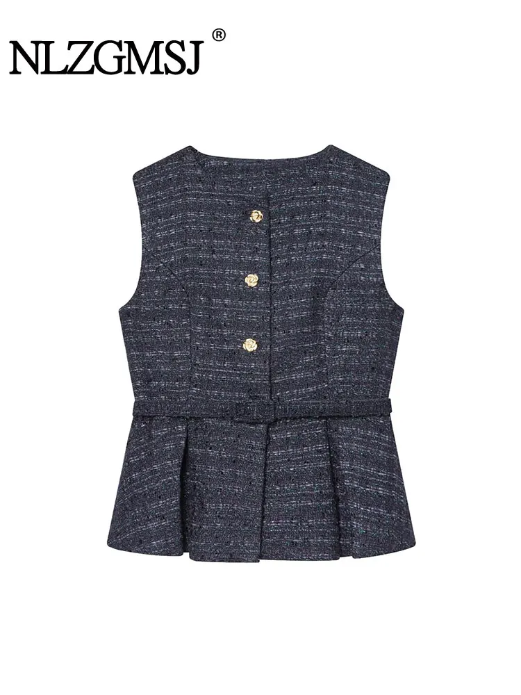 

NLZGMSJ винтажный повседневный шикарный женский жилет с круглым вырезом, однобортный топ без рукавов с поясом, модный женский элегантный жилет