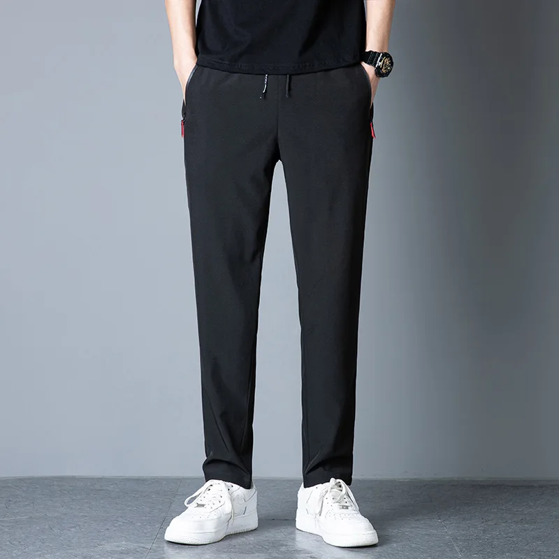 Men's Ultra-thin Pants Elastic Casual Workpant Summer Quick-drying Ice Silk Slim Ankle-Length Pants Zipper Pockets Trousers Male