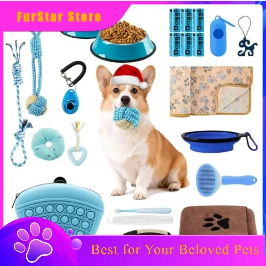 FurStarPuppy Supplies Starter Kit Essential Dog Items For Small Dogs Includes Bowls Toys Toothbrush Treat Pouch And More Blue We
