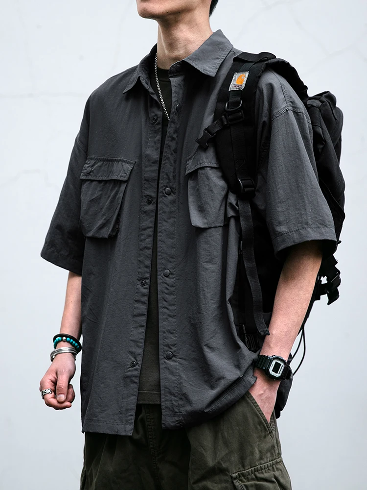 Japanese Korean Streetwear Utility Shirt Men Summer Lightweight Waterproof Quick Dry Oversized Multi Pocket Casual Outdoor Top