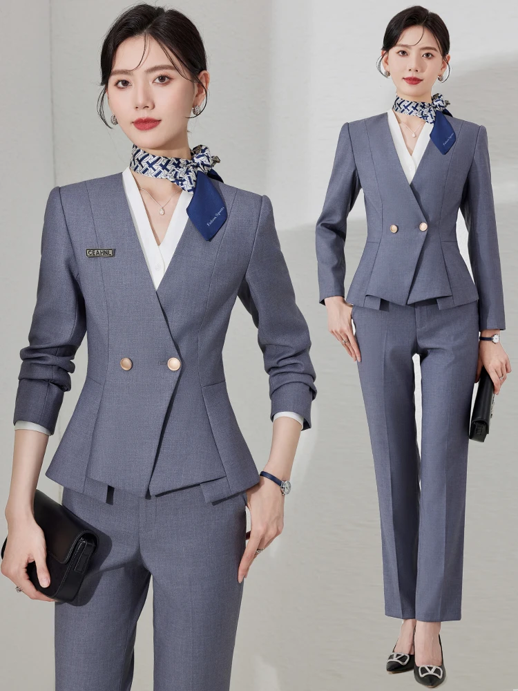 Gray Suit Set for Women Professional Elegant Jewelry Store Work Uniform High End Hotel Front Desk Reception Autumn Commute Style