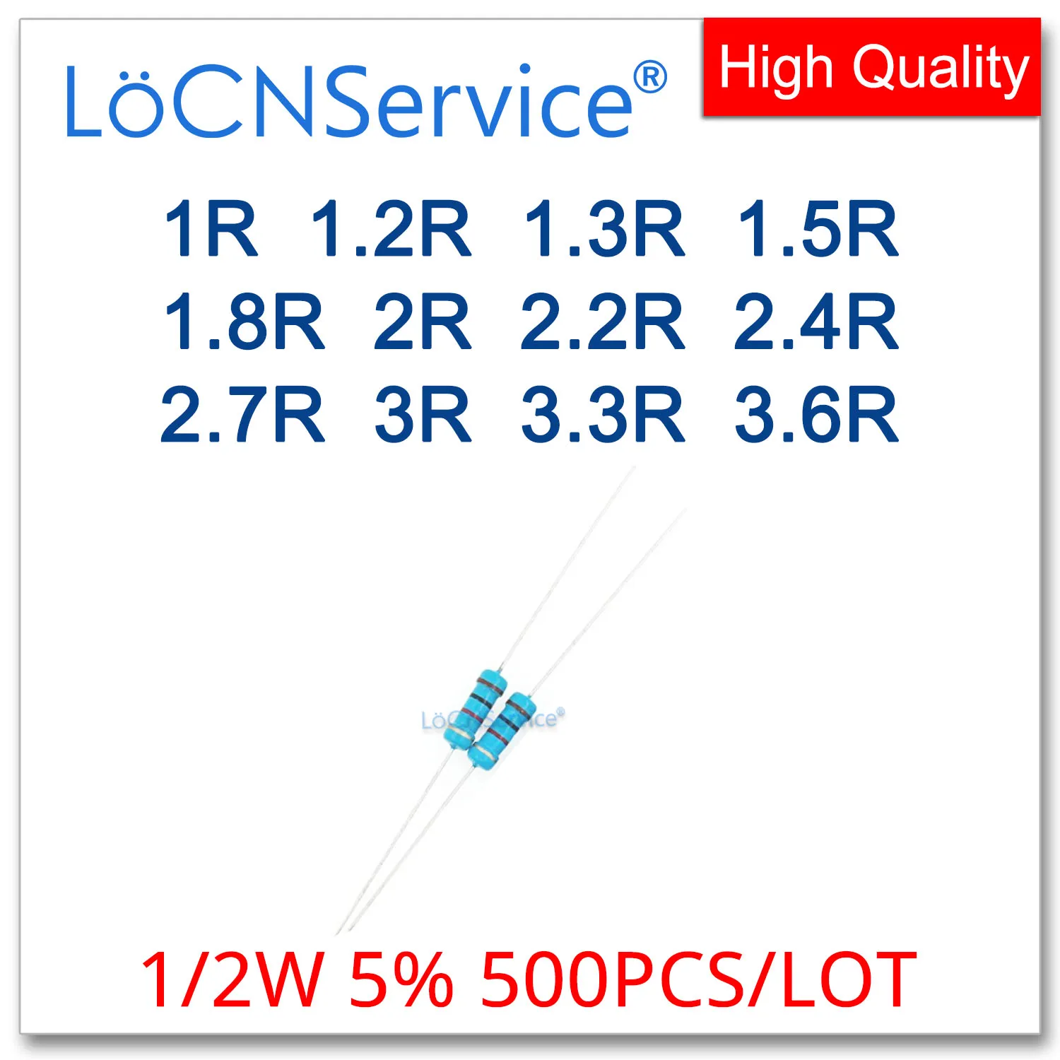 LoCNService 500 шт./лот 5% 1/2 Вт 1R 1,2R 1,3R 1,5R 1,8R 2R 2,2R 2,4R 2,7R 3R 3,3R 3,6R Резистор из углеродной пленки DIP OHM