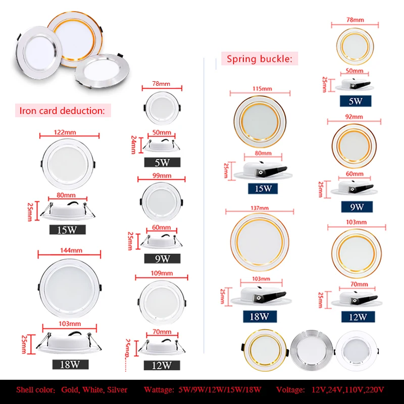 Led Downlight 5W 9W 12W 15W 18W AC110V 220V Recessed Ceiling Light DC12V 24V Round Panel Down Light Spotlight Lighting