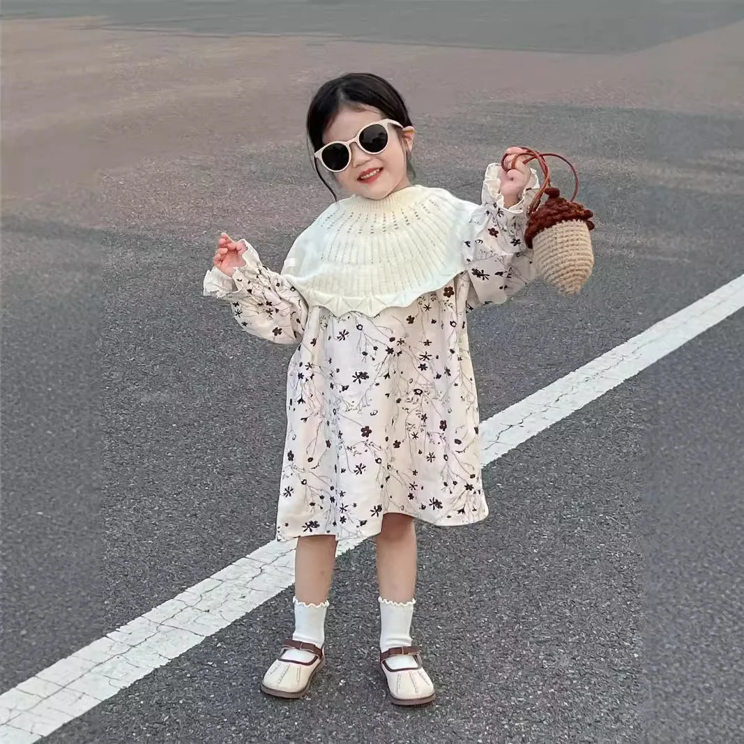 Girl Dress Spring Autumn 2024 New Lovely Broken Flowers Sweet Long Sleeved Skirt Solid Shawl Casual Simple Fashion Sweet Cute