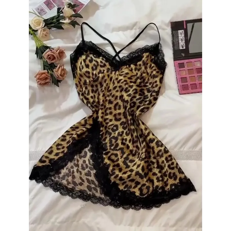 Leopard Silk Satin Women Nightgown Sleeveless Side Split Lace Sleepwear V Neck Sexy Nightwear Female Homewear Cloth Pajama Dress