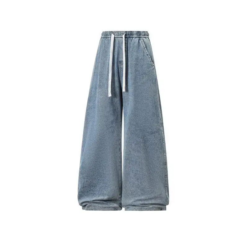 

2025 New Elastic Waist Drawstring Solid Color Loose Fit Wide Leg Jeans Wide Leg Trendy High Waist Denim Pants for Men Women 3XL