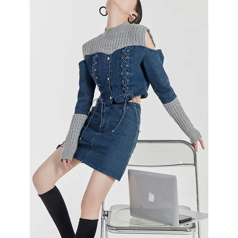 Women's New Sexy Fashionable Denim Suit Retro Knitted Spliced Off-shoulder Top Charming Stunning Short Skirt Two-piece Set