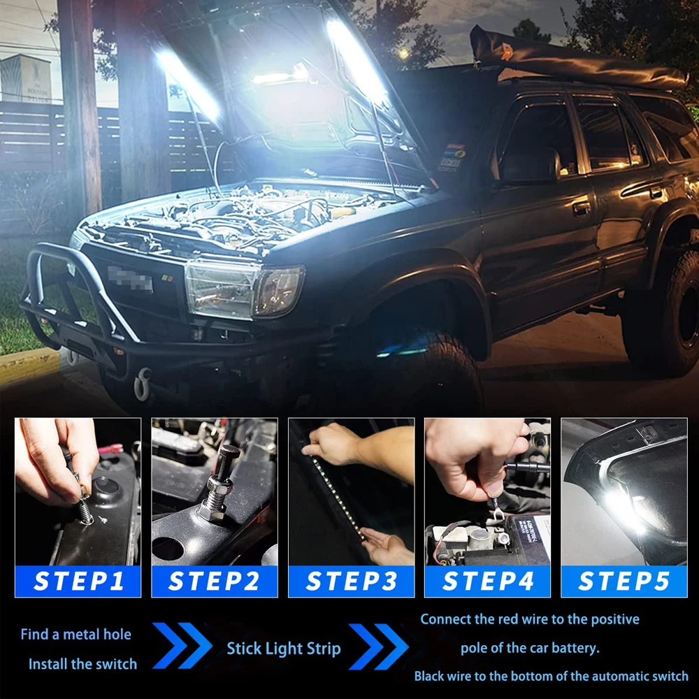 1set LED Car Under Hood Work Inspection Light Kit Waterproof White LED Strip Lights Bars Car Hood Lights Fits Any Vehicle 12V