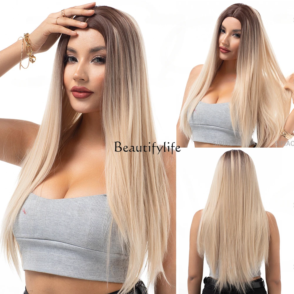 

European and American wig, medium brown gradual change beige long straight hair high temperature silk