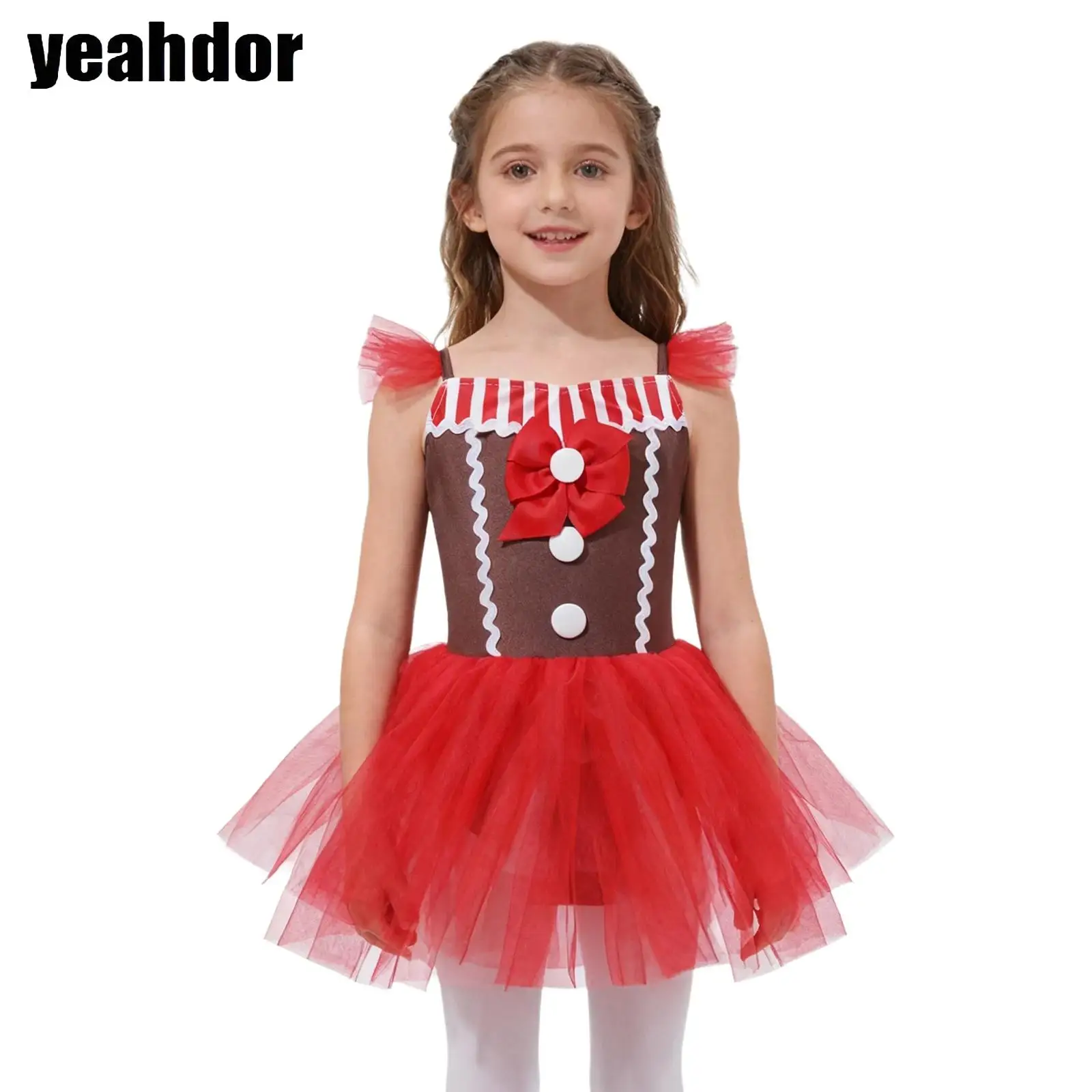 

Girls Christmas Gingerbread Man Costume Candy Cane Stripe Bowknot Ballet Tutu Leotard Dress Sleeveless Santa Claus Skating Dress