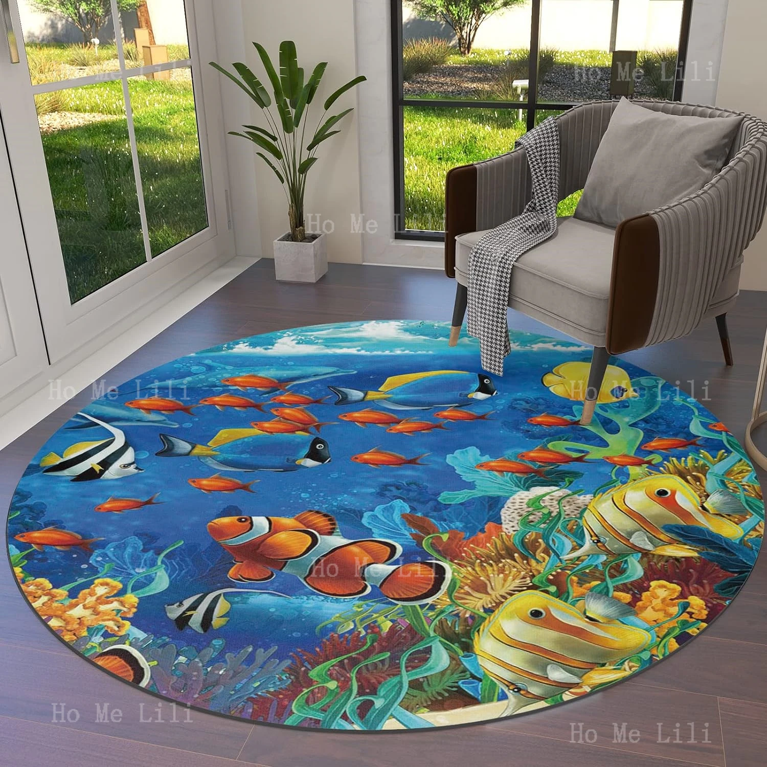 Ocean Theme Underwater World Fish Sea Non-Slip Area Rug Round Carpets