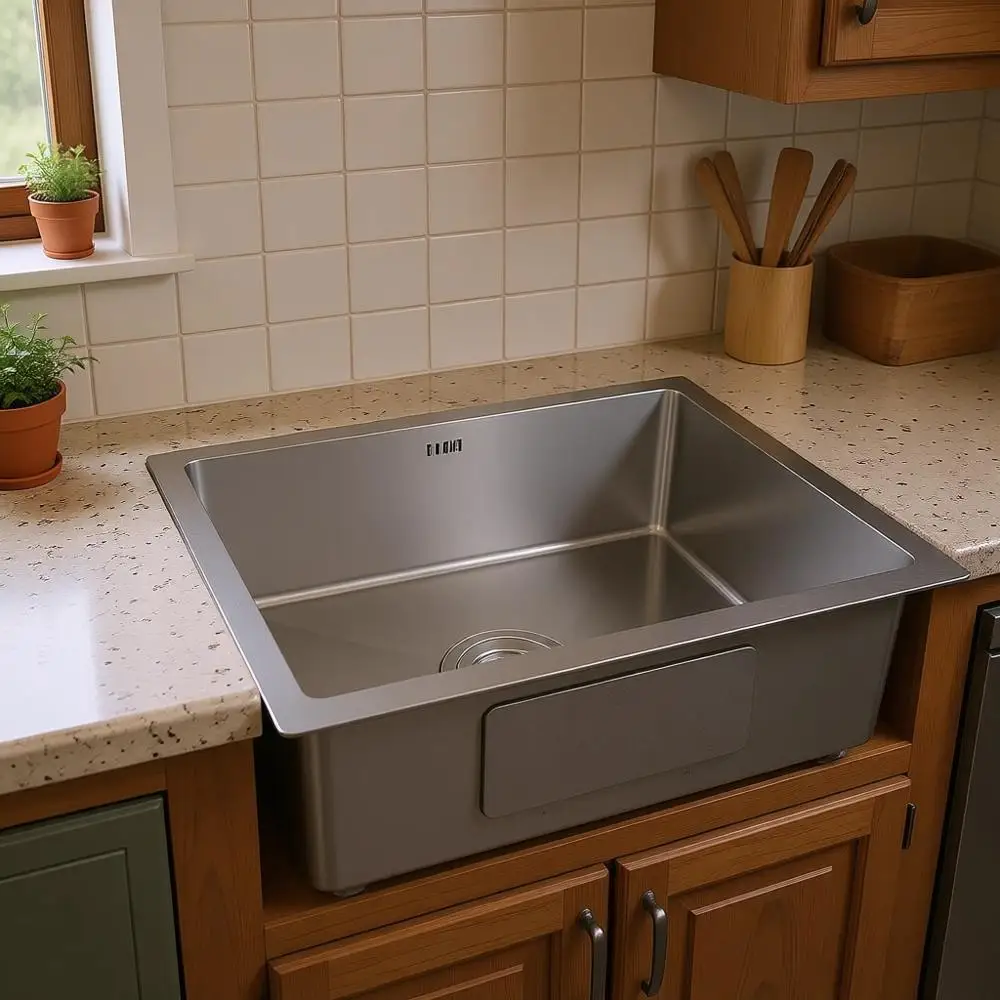 

Кухонная мойка подстольного монтажа 24 дюйма, из нержавеющей стали SUS304, ручной работы, с одной чашей, с сифоном, 24x18x9 дюймов (матовая отделка)