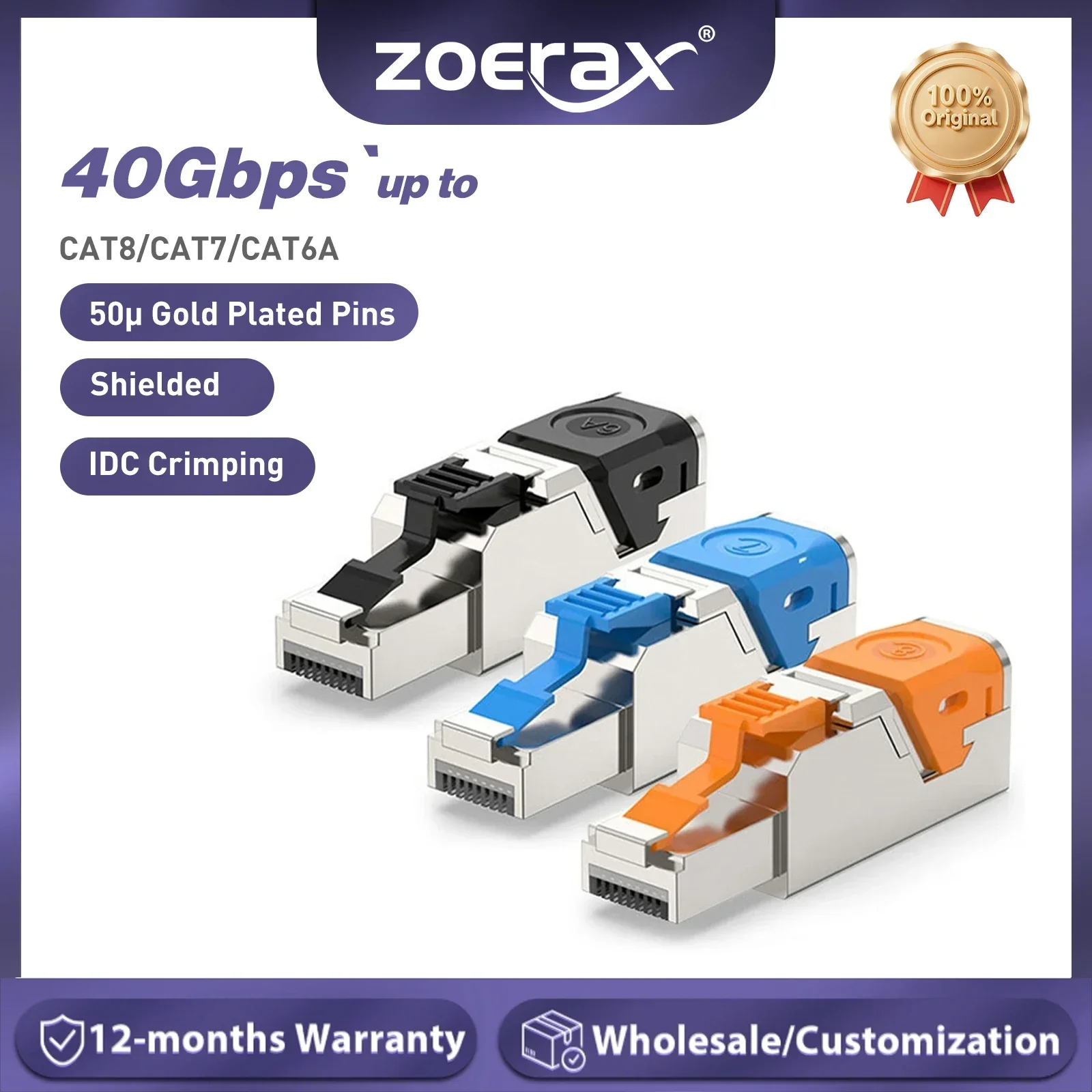 

Разъем ZoeRax Cat8 Cat7 Cat6A RJ45, 40 Гбит/с, экранированный Ethernet-коннектор, безинструментальная установка для кабеля STP 22-26AWG