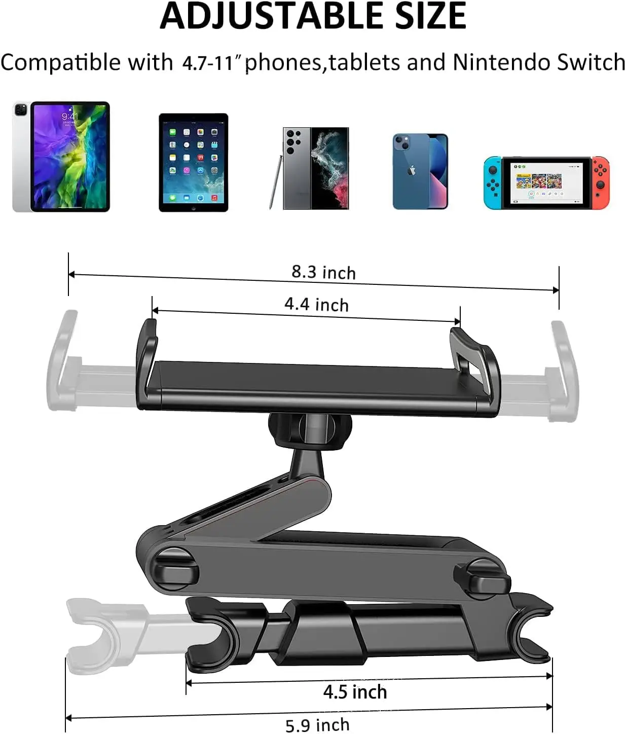 Car Headrest Backseat Mount Holder 360° Rotating Adjustable Stand For Nintend Switch/iPhone/iPad 4.4-11 Inches Devices Travel