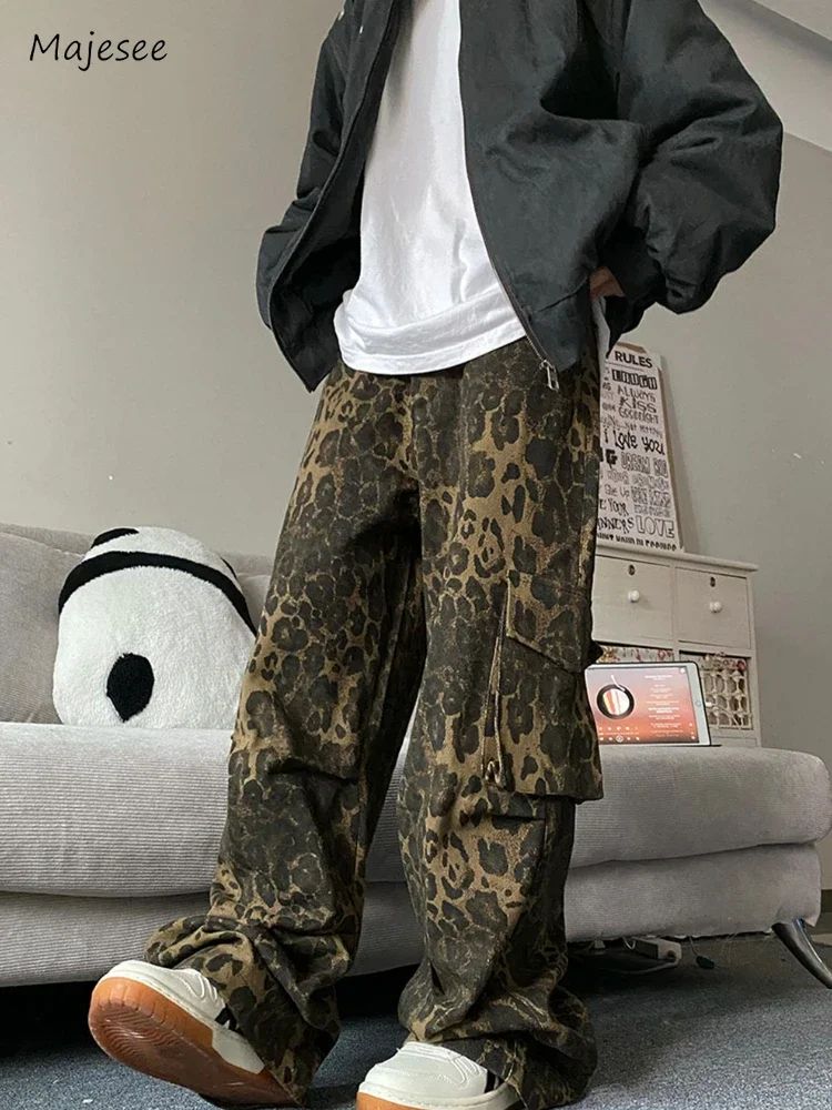 Baggy Men Casual Pants Pockets Harajuku Leopard American Cargo Style Streetwear Trousers Fashion Hip Hop Handsome Personality