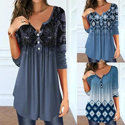 2024 Europe and the United States autumn new women's long-sleeve printed button top T-shirt woman