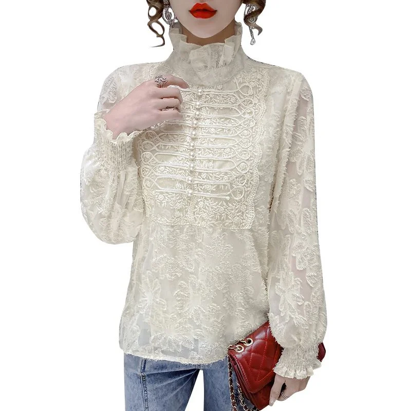 

Women Spring Autumn Blouses Shirts Lady Fashion Casual Long sleeve turtleneck Collar Sexy Lace Blusas Tops MM2133