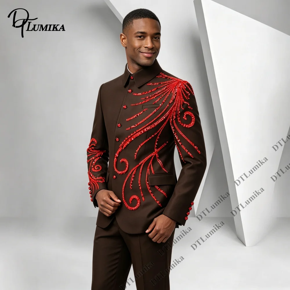 Stand Collar Men Formal Suit Red Rhinestone Swirl Embroidery Slim Fit 2 Piece Jacket Pants Tailored Tuxedo for Gala Wedding Prom