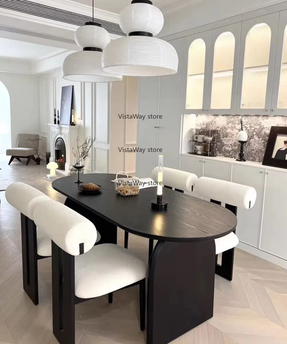 

Modern Style Solid Wood Dining Table Chair Set Oval Small Household French Black Desk with Fabric Ancient Style Ancient Style