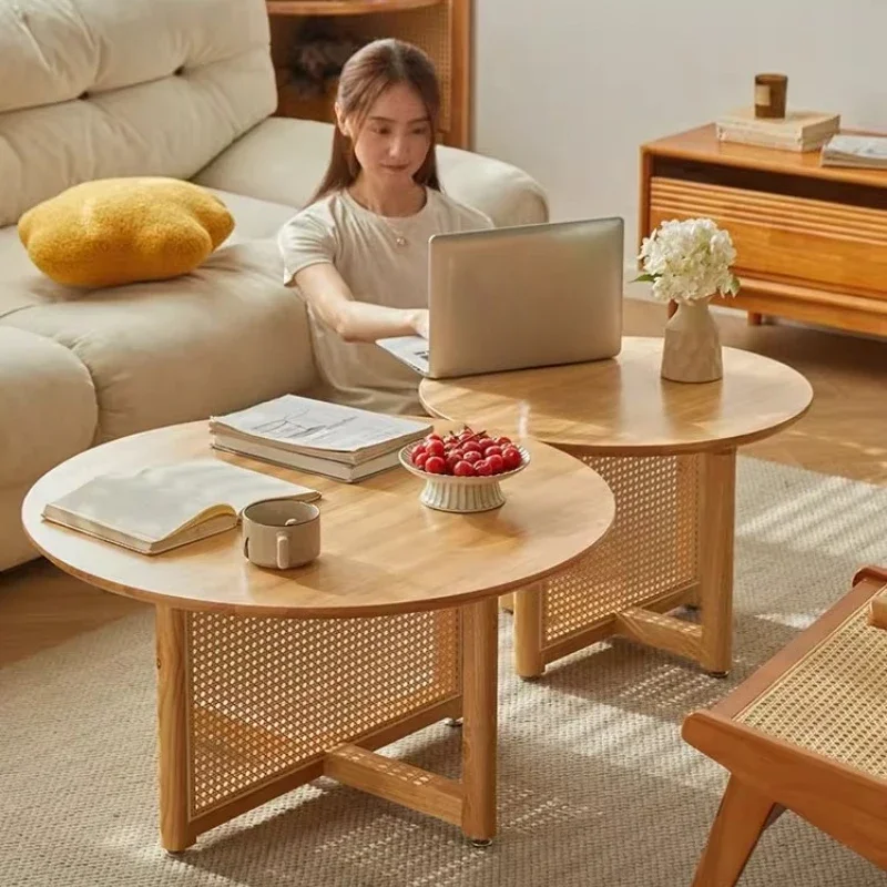 Log wind solid wood rattan round coffee table, living room household furniture wabi-sabi wind balcony Japanese tea table
