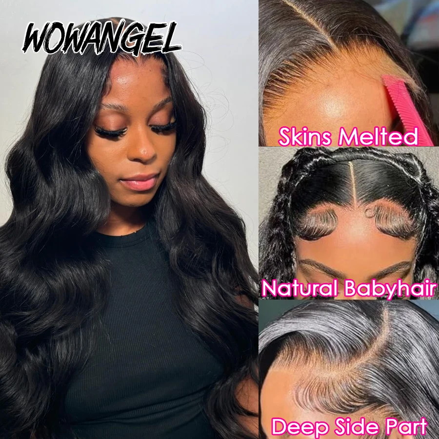 Wow Angel Jet Black HD Lace Full Frontal Wigs 250% Body Wave Human Hair Wigs 34in 13x6 HD Lace Front Wigs Melt Skins Pre Plucke