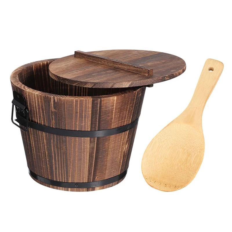 

Wooden Rice Bucket Korean Bibimbap Bucket Japanese Cuisine Sushi Bucket Food Storage Container With Lid Spoon