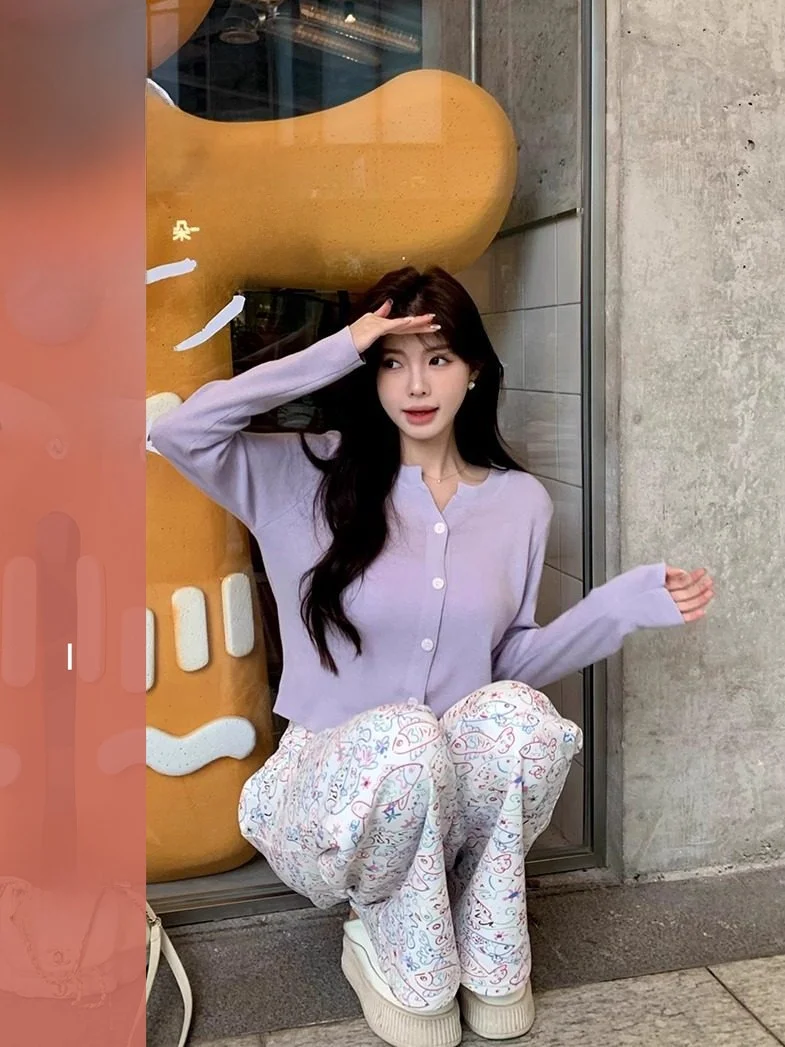 

Женский приталенный вязаный кардиган с длинными рукавами и V-образным вырезом, фиолетовый, весна-лето, верхняя одежда HUANG ZUO ZUO Commute Sle