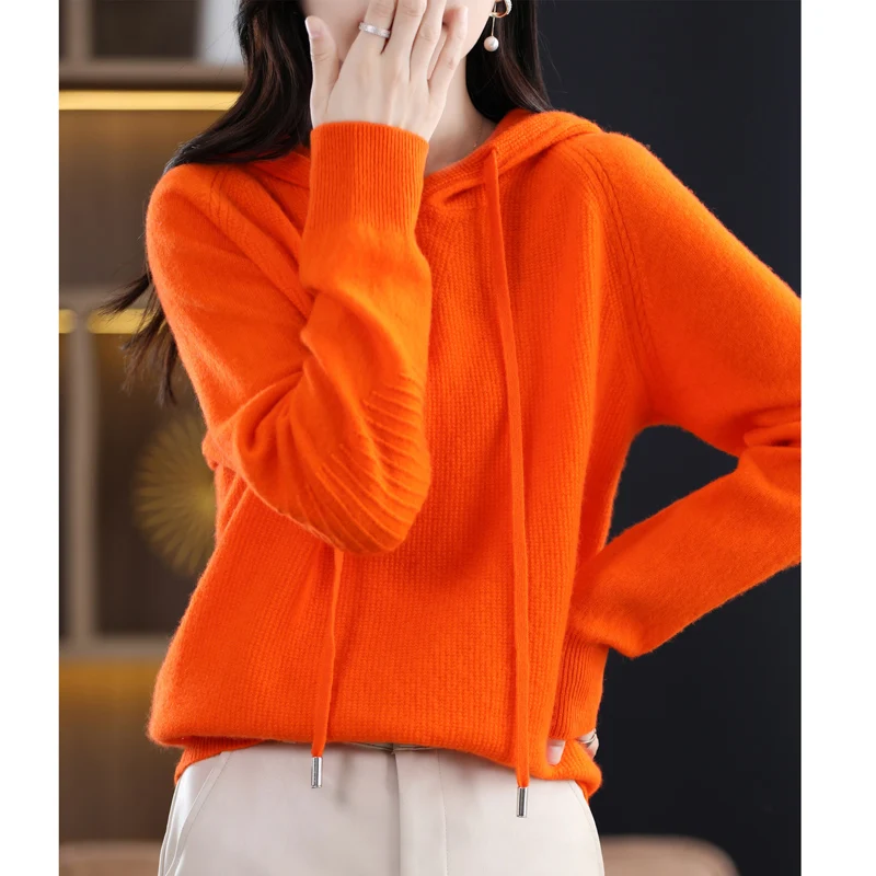 Knitted Hooded Wool Women\'s Short Style 2022 Autumn And Winter New Large Drawstring Long Sleeved Westernized Sweater Base Coat